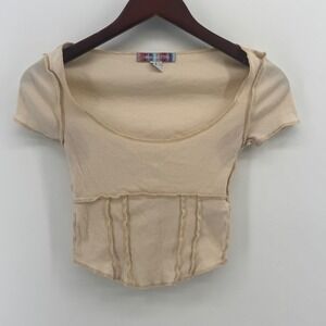 Urban Outfitters Beige Ribbed Corset Crop Top Short Sleeve Exposed Seam Small